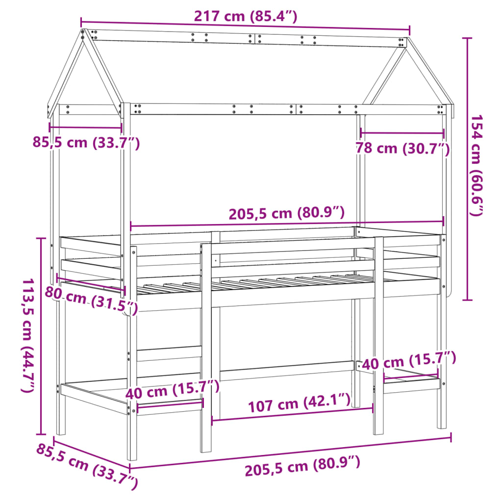 vidaXL tömör fenyőfa galériaágy létrával és tetővel 80 x 200 cm