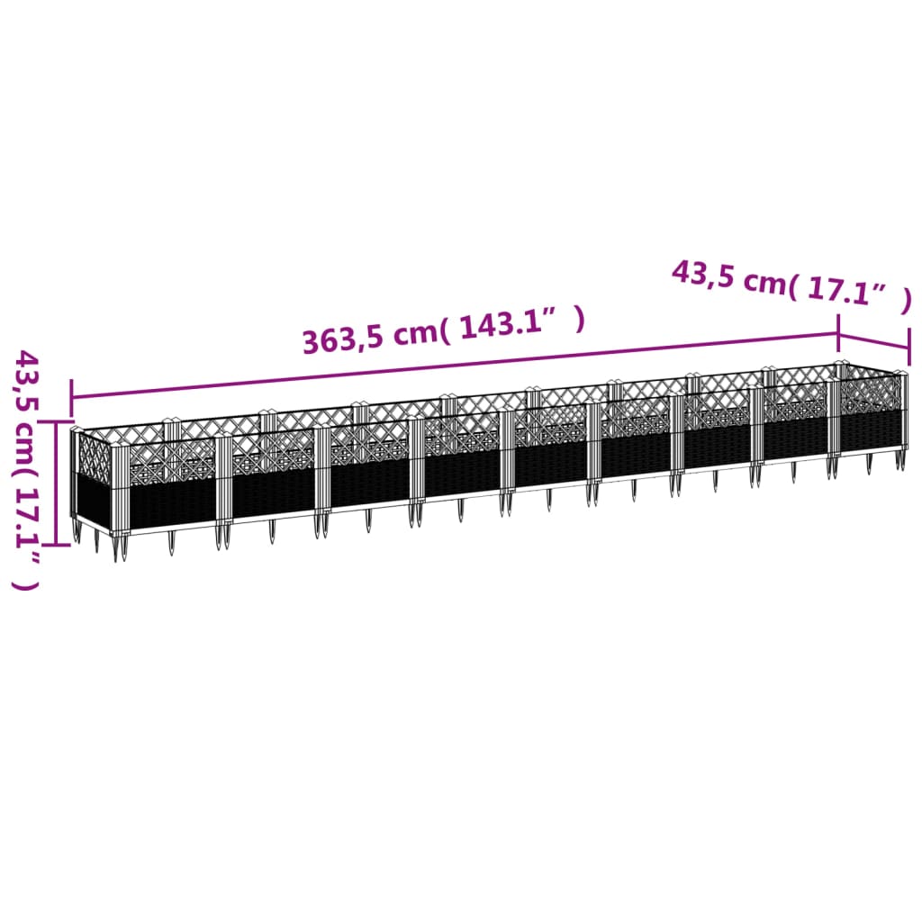 vidaXL fekete PP kerti virágláda cövekekkel 363,5x43,5x43,5 cm