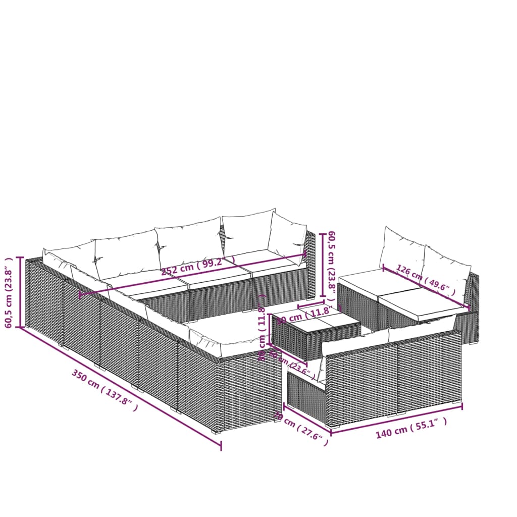 vidaXL 13 részes barna polyrattan kerti ülőgarnitúra párnákkal