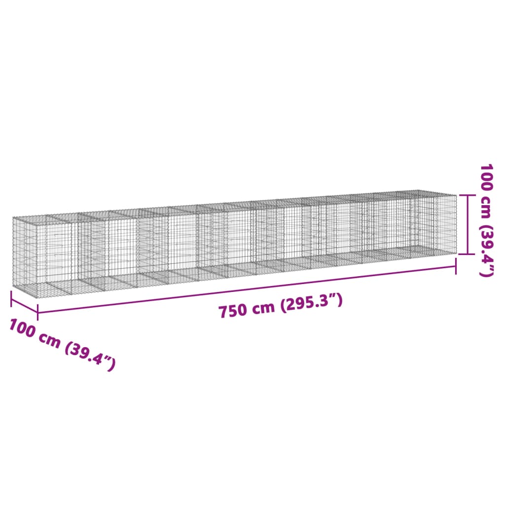 vidaXL horganyzott vas gabion kosár fedéllel 750 x 100 x 100 cm