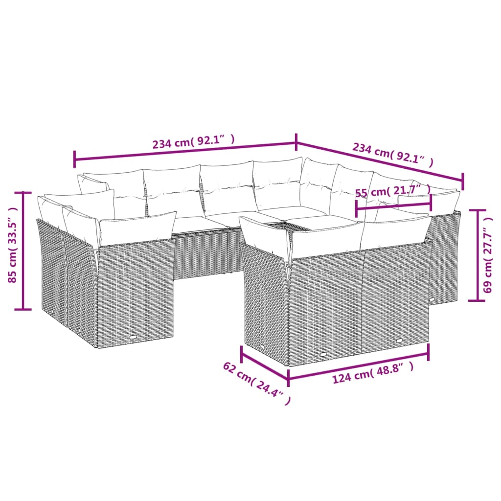 vidaXL 11 részes bézs polyrattan kerti ülőgarnitúra párnákkal