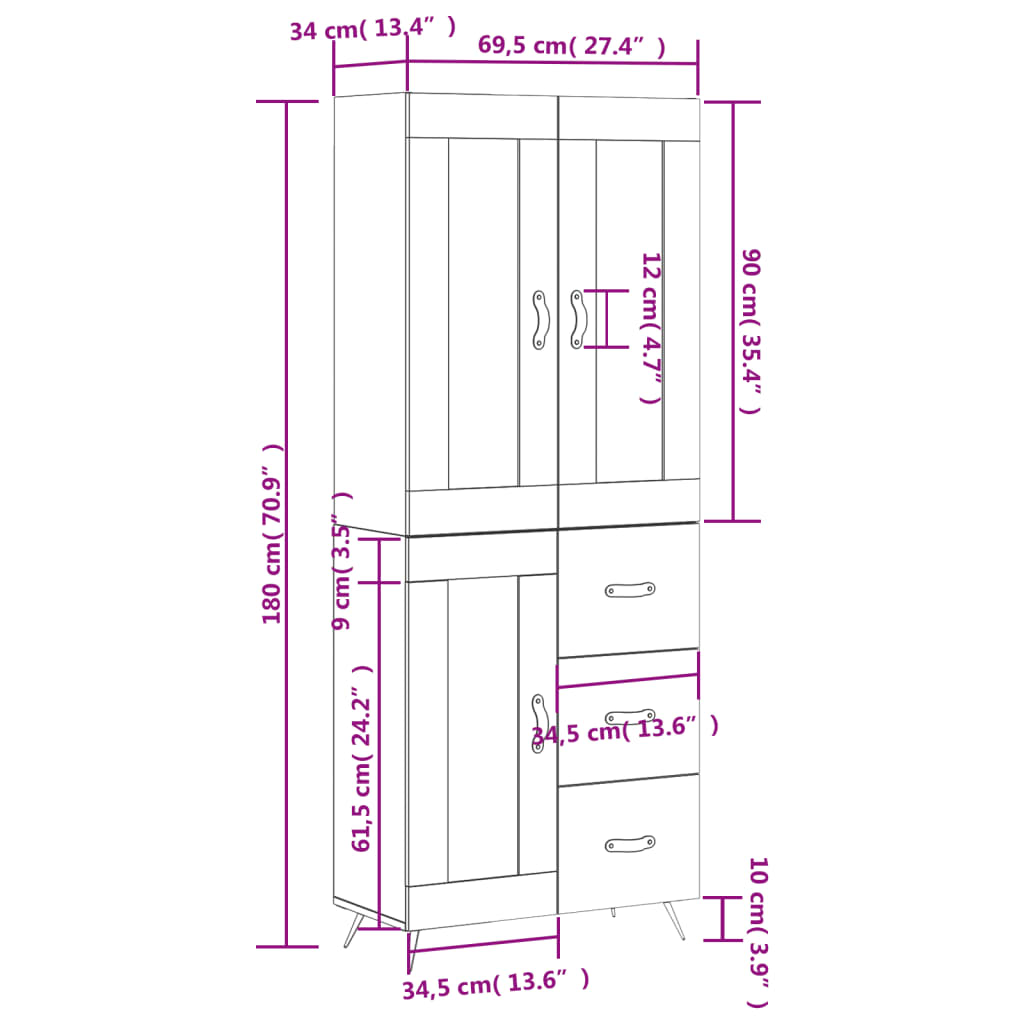 vidaXL szürke sonoma szerelt fa magasszekrény 69,5 x 34 x 180 cm