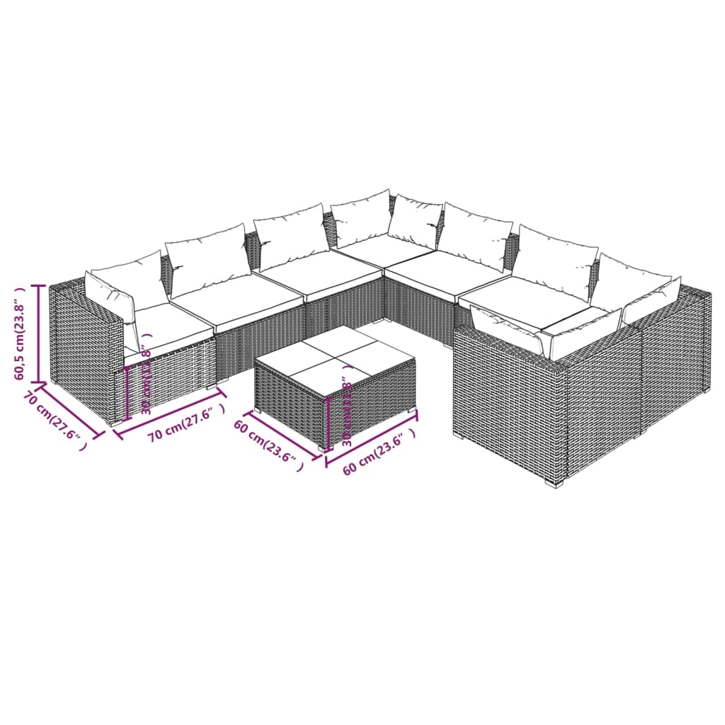 vidaXL 9 részes barna polyrattan kerti ülőgarnitúra párnákkal