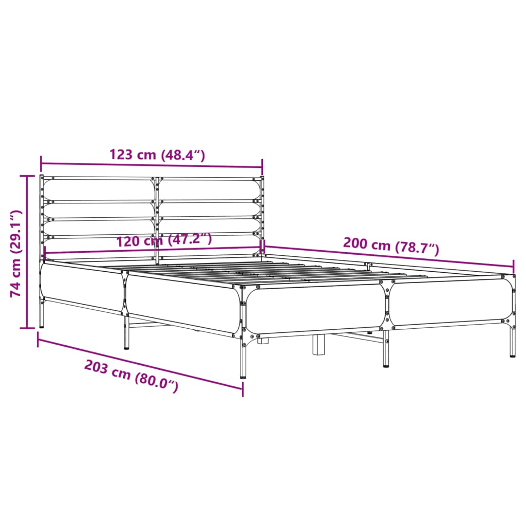 vidaXL sonoma tölgyszínű szerelt fa és fém ágykeret 120 x 200 cm