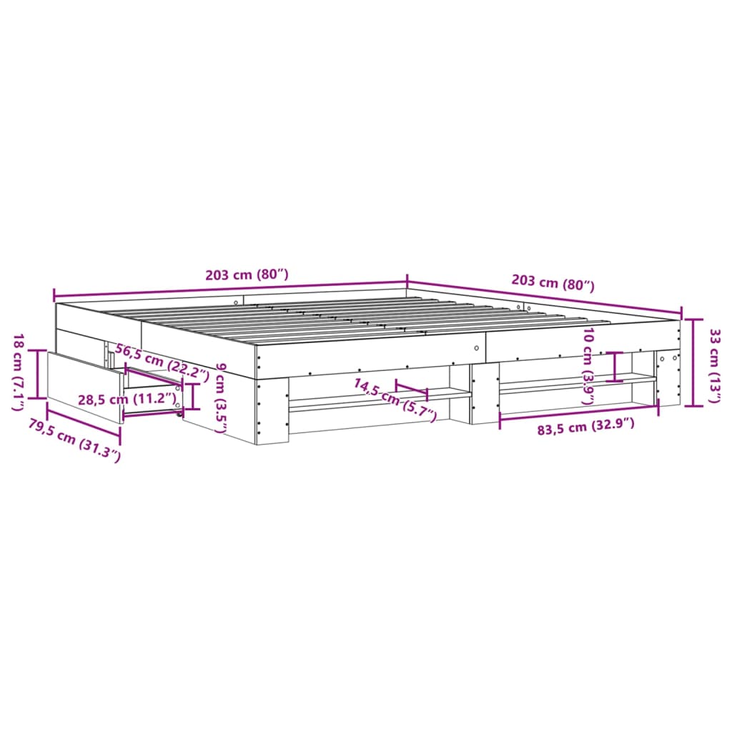 vidaXL sonoma tölgyszínű szerelt fa ágykeret 200 x 200 cm