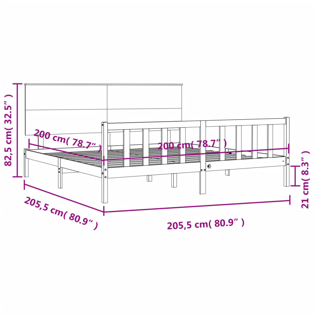 vidaXL fekete tömör fa ágykeret fejtámlával 200 x 200 cm