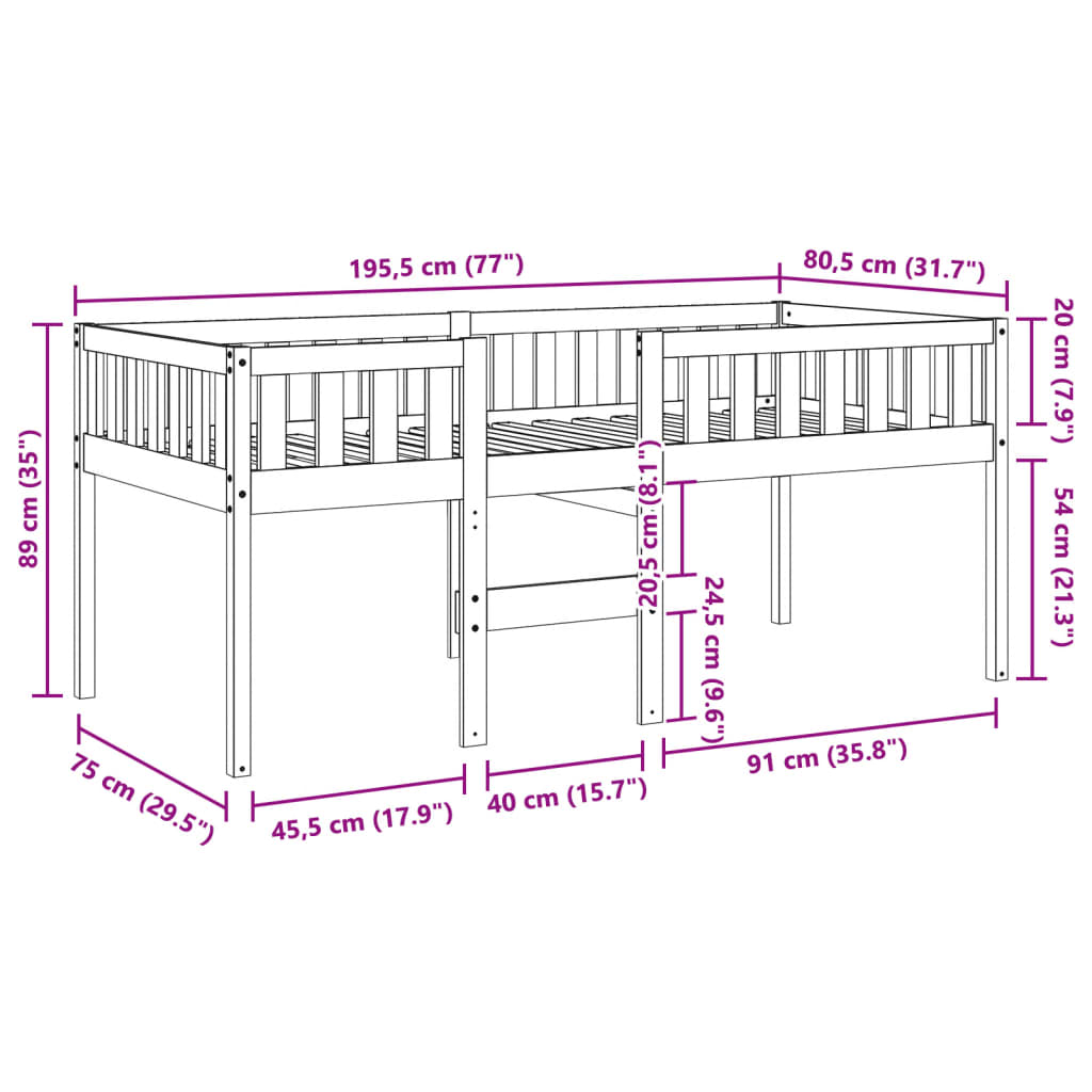 vidaXL fehér tömör fenyőfa gyerekágy matrac nélkül 75 x 190 cm