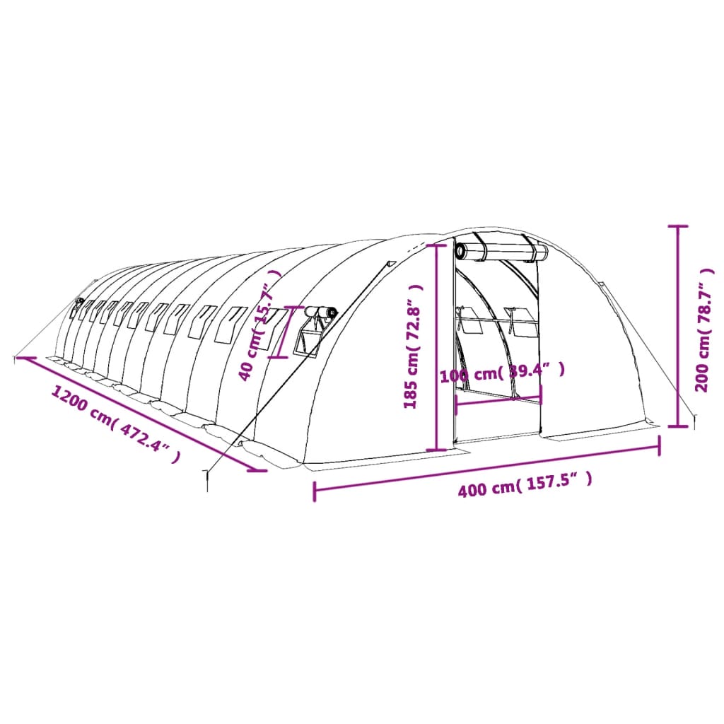 vidaXL fehér acélvázas melegház 48 m² 12 x 4 x 2 m