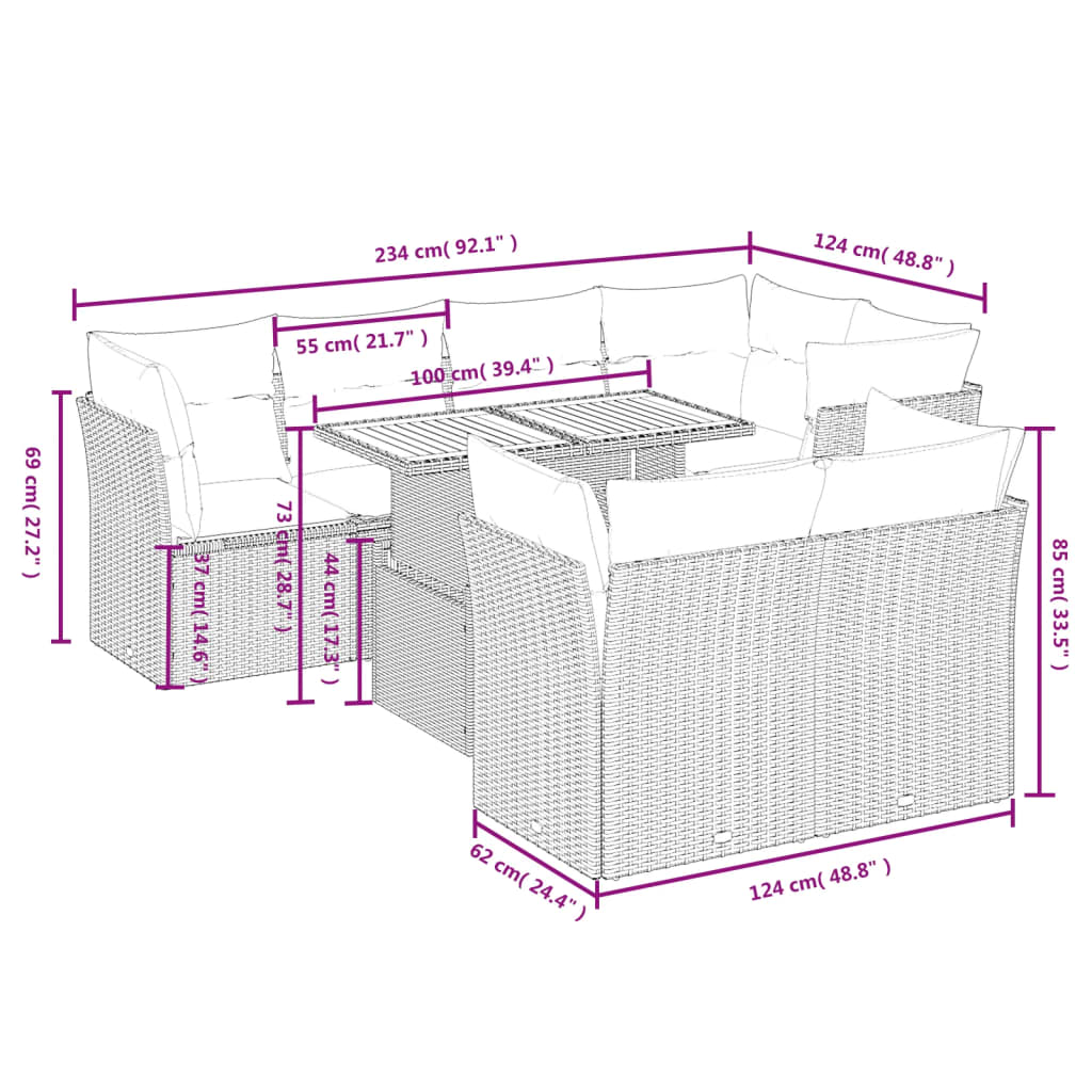 vidaXL 8 részes fekete polyrattan kerti ülőgarnitúra párnákkal