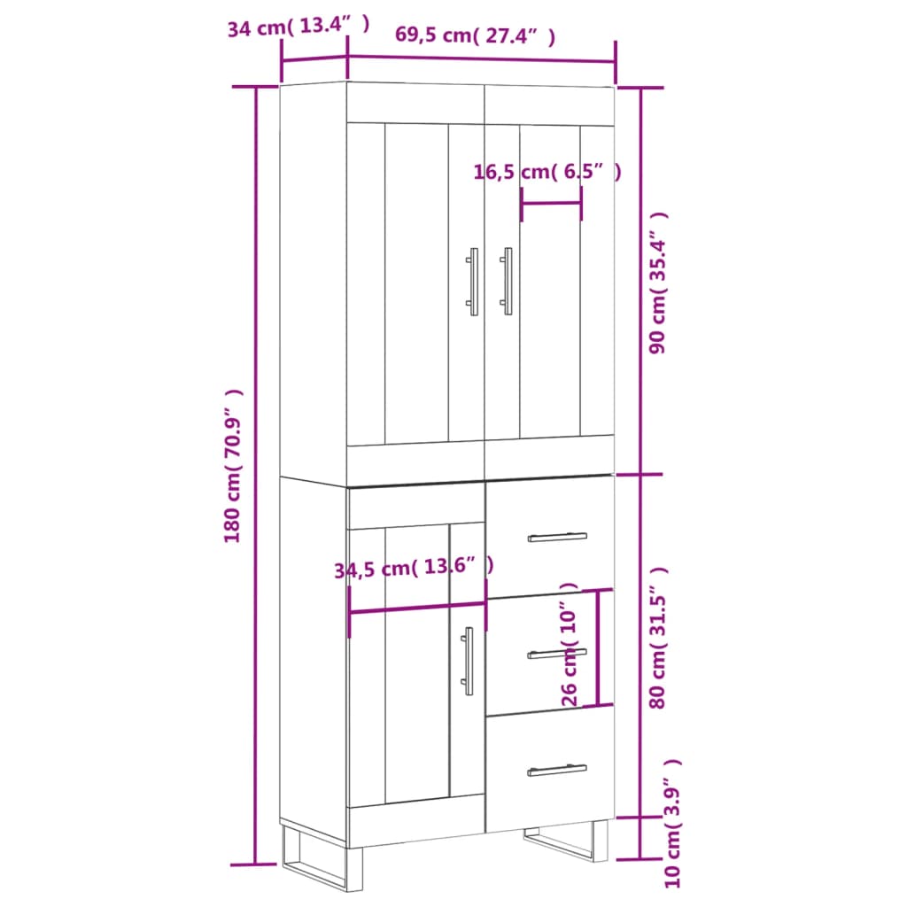 vidaXL barna tölgy színű szerelt fa magasszekrény 69,5 x 34 x 180 cm