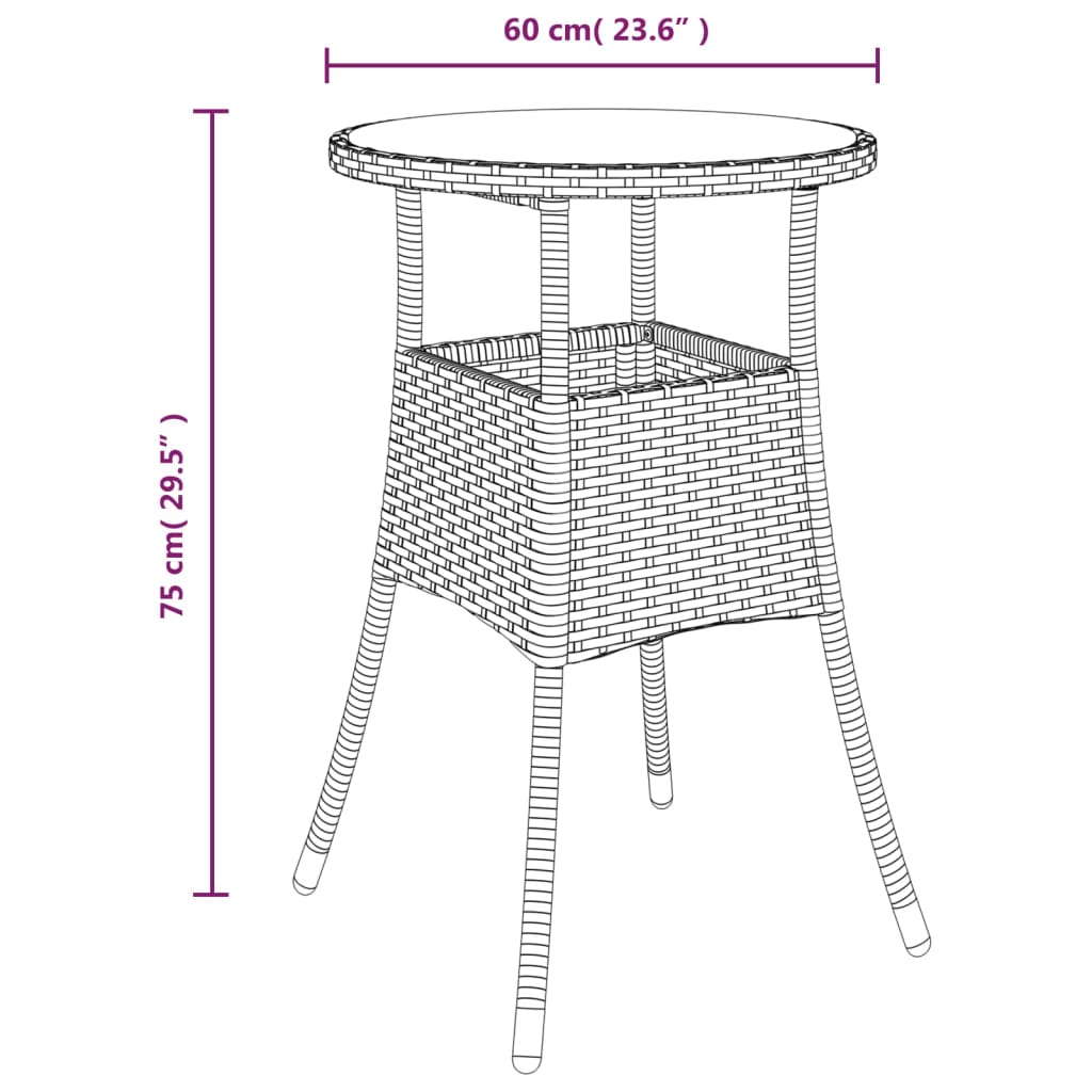 vidaXL fekete polyrattan és edzett üveg kerti asztal Ø60 x 75 cm