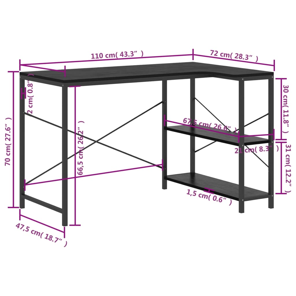 vidaXL fekete szerelt fa számítógépasztal 110 x 72 x 70 cm