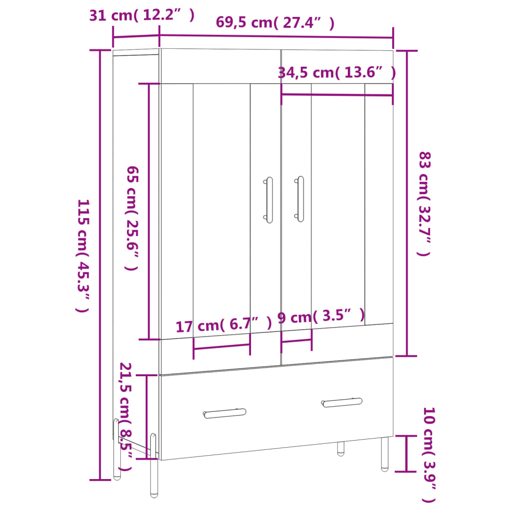 vidaXL füstös tölgy színű szerelt fa magasszekrény 69,5 x 31 x 115 cm