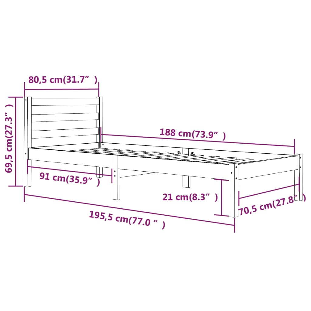 vidaXL Small Single tömör fenyőfa ágykeret 75 x 190 cm