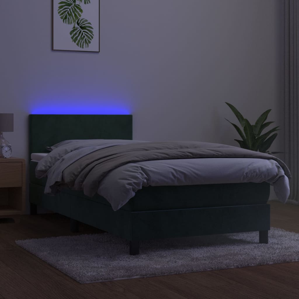 vidaXL sötétzöld bársony rugós és LED-es ágy matraccal 100x200 cm