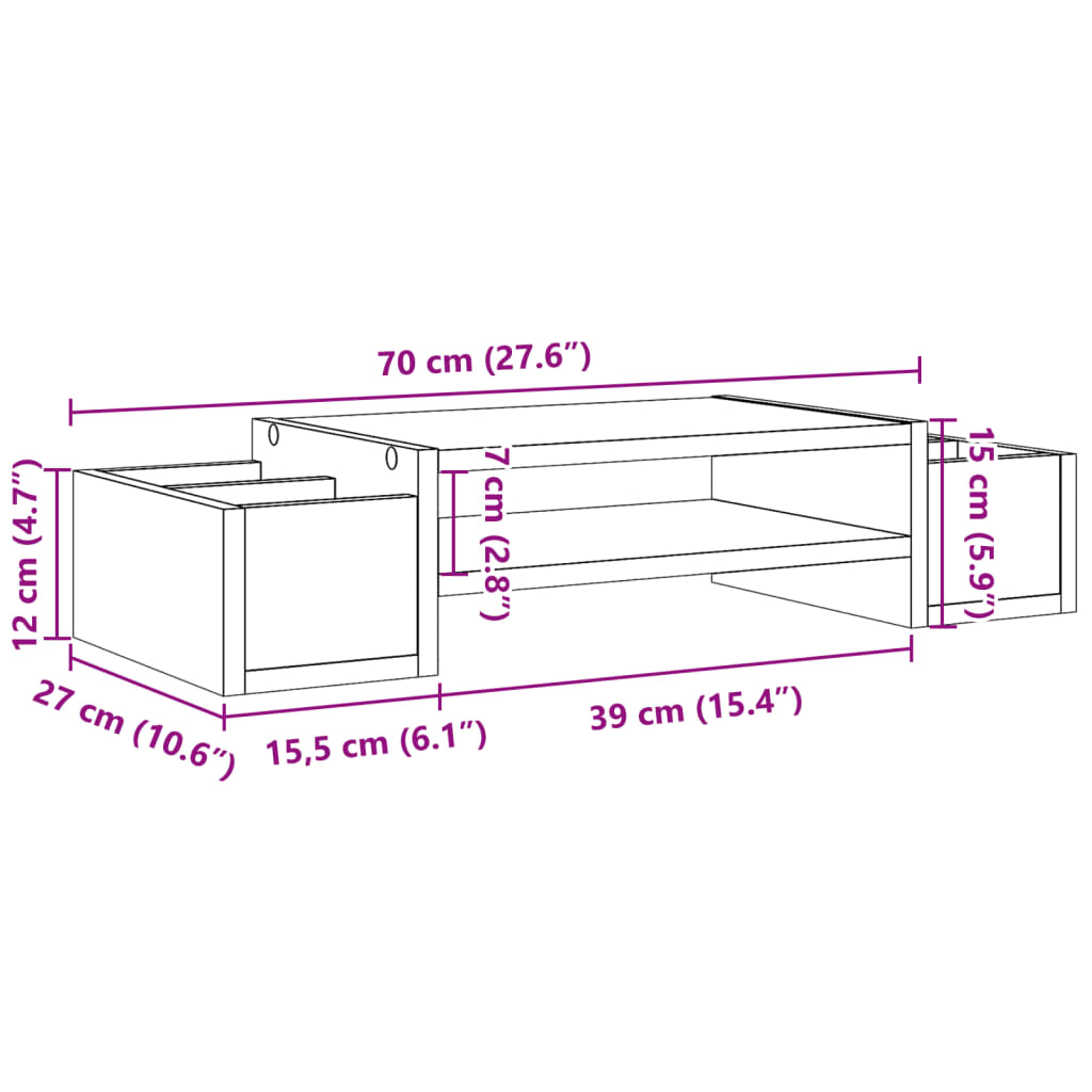 vidaXL barna tölgy szerelt fa monitorállvány tárolóval 70 x 27 x 15 cm