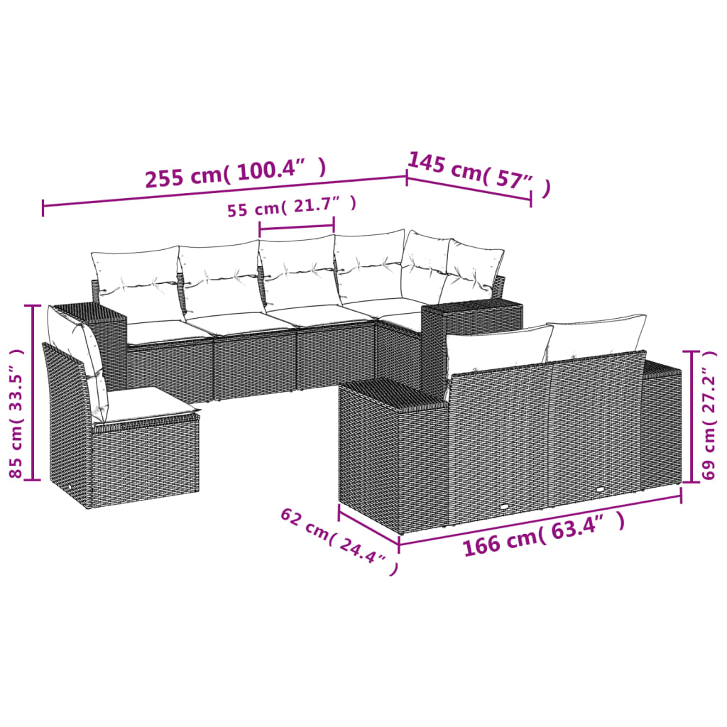 vidaXL 8 részes szürke polyrattan kerti ülőgarnitúra párnákkal