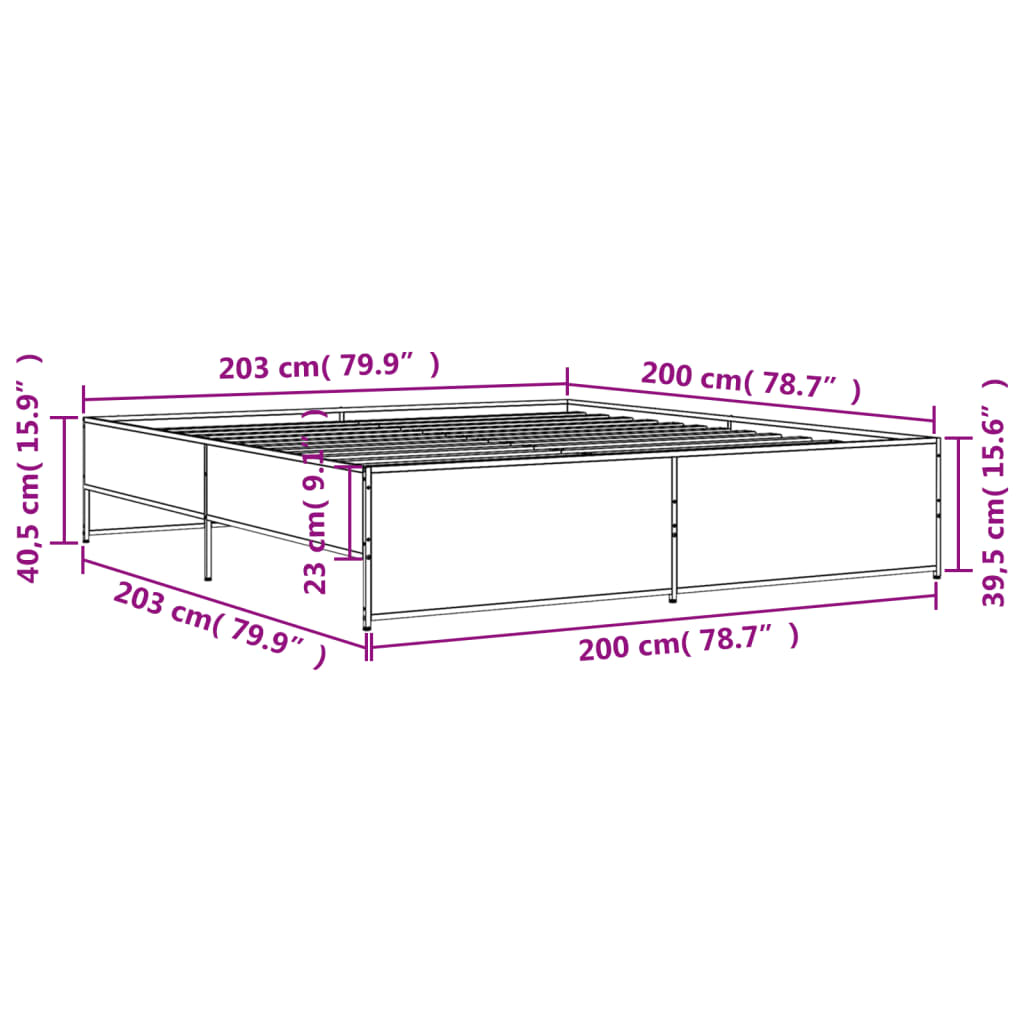 vidaXL füstös tölgy színű szerelt fa és fém ágykeret 200 x 200 cm