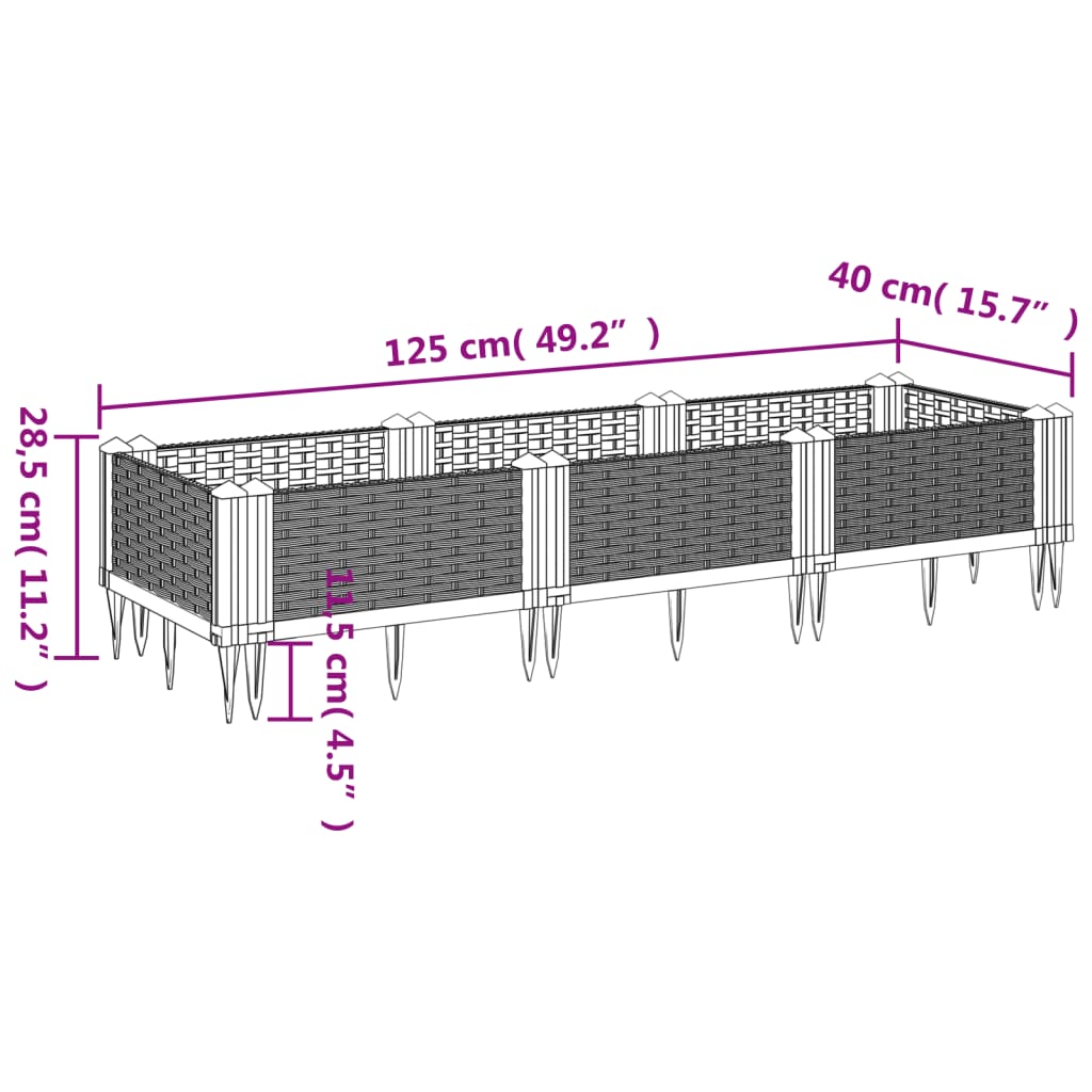 vidaXL szürke polipropilén kerti virágláda cövekekkel 125x40x28,5 cm