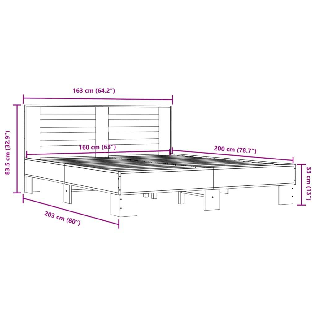 vidaXL füstös tölgy színű szerelt fa és fém ágykeret 160 x 200 cm