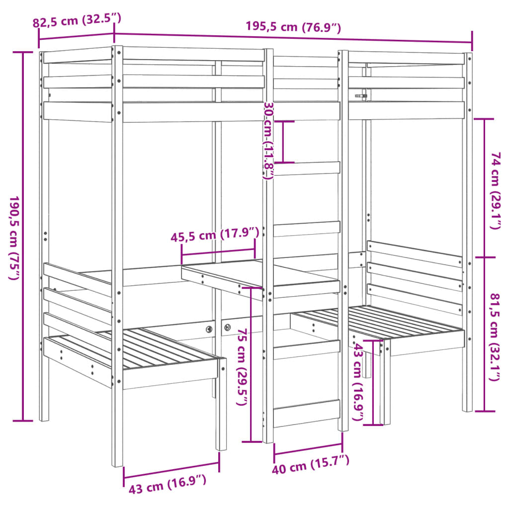 vidaXL fehér fenyő galériaágy-keret asztallal és székekkel 90 x 175 cm