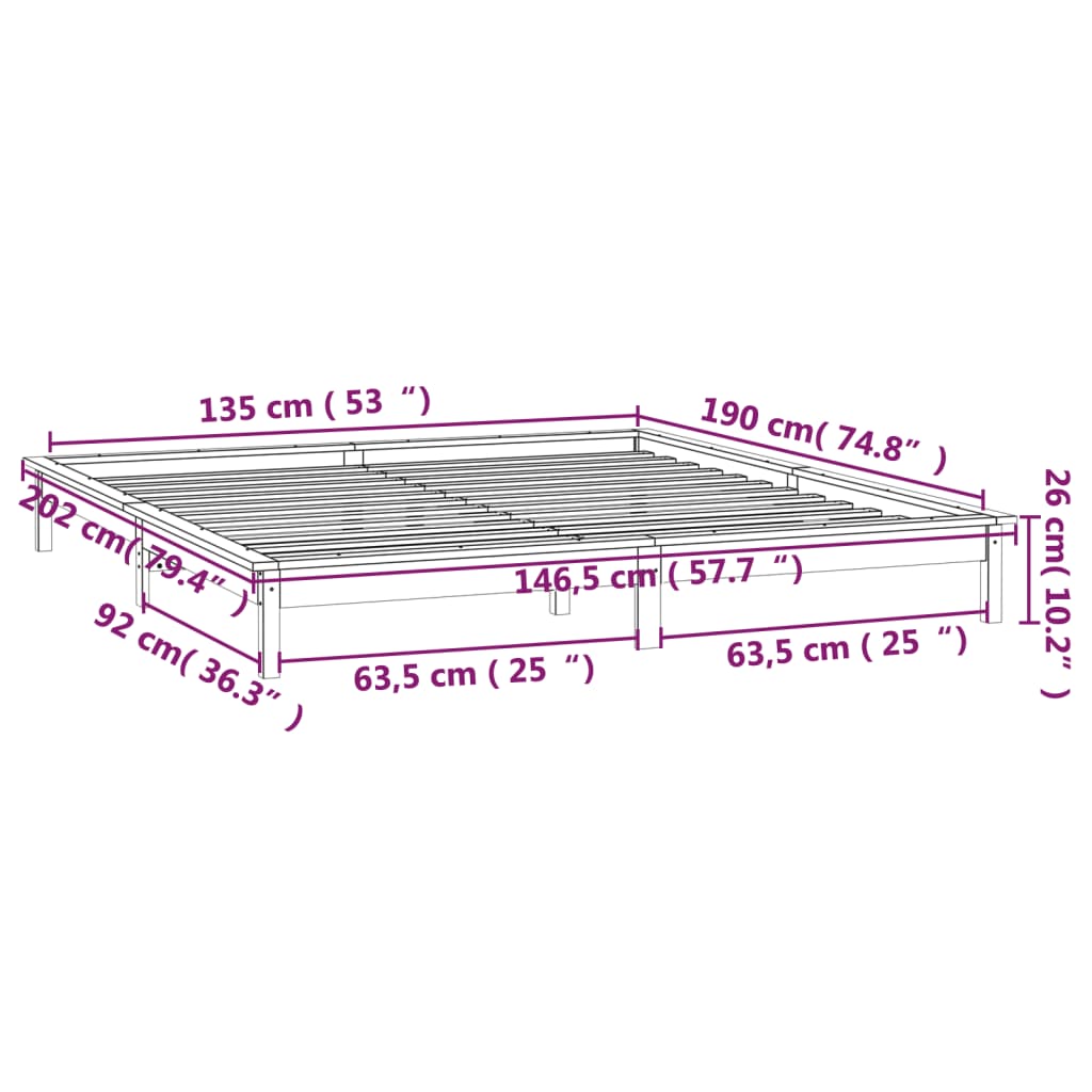 vidaXL kétszemélyes tömör fa LED-es ágykeret 135 x 190 cm