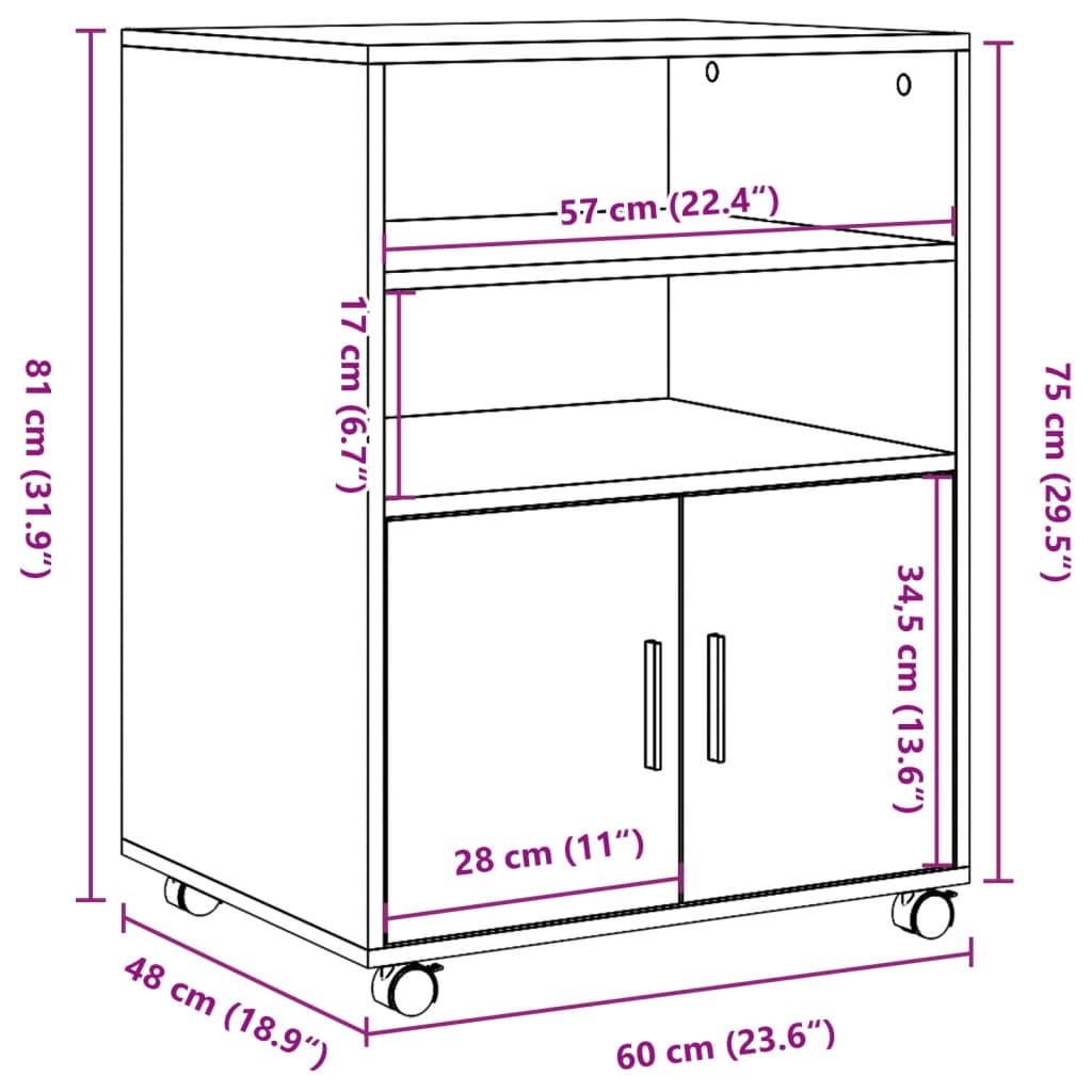 vidaXL betonszürke forgácslap kerekes szekrény 60 x 48 x 81 cm