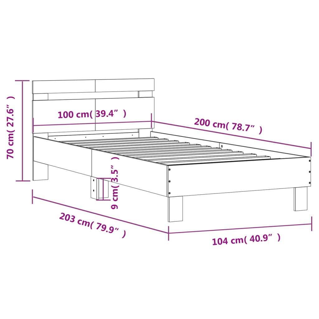 vidaXL sonoma tölgy színű ágykeret fejtámlával és LED-ekkel 100x200 cm