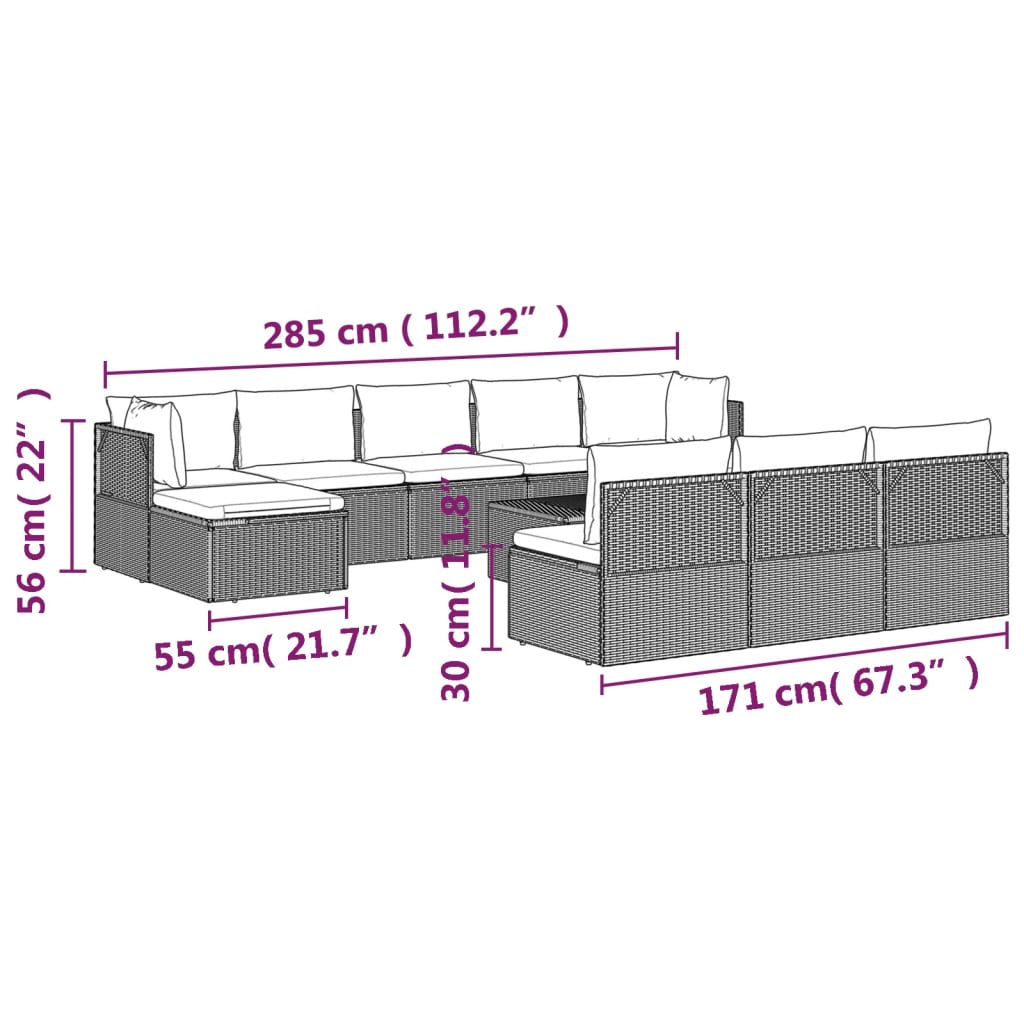 vidaXL 11 részes szürke polyrattan kerti ülőgarnitúra párnákkal