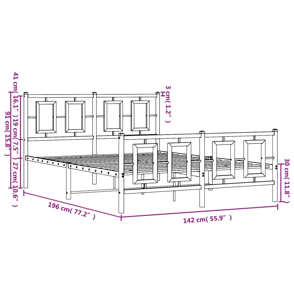 vidaXL fekete fém ágykeret fej- és lábtámlával 135 x 190 cm