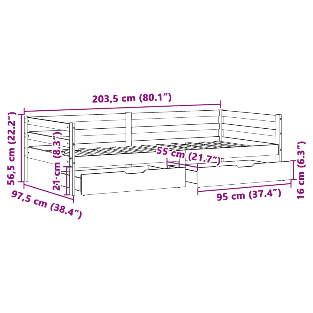 vidaXL tömör fenyőfa kanapéágy fiókkal 90 x 200 cm