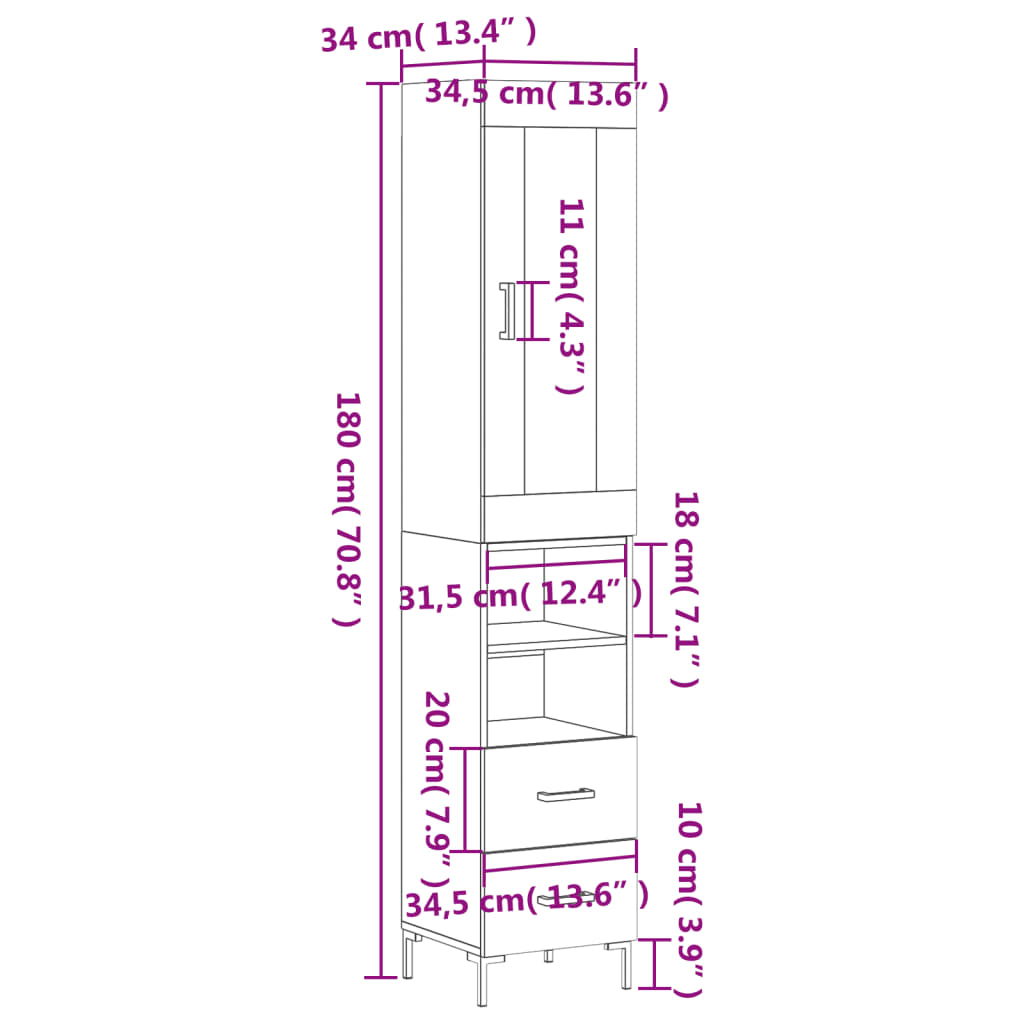 vidaXL magasfényű fehér szerelt fa magasszekrény 34,5 x 34 x 180 cm