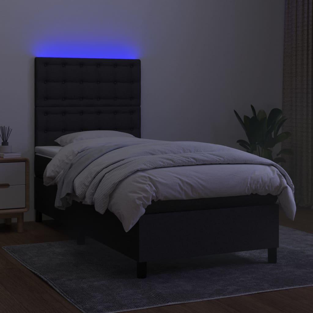 vidaXL fekete szövet rugós és LED-es ágy matraccal 90x200 cm