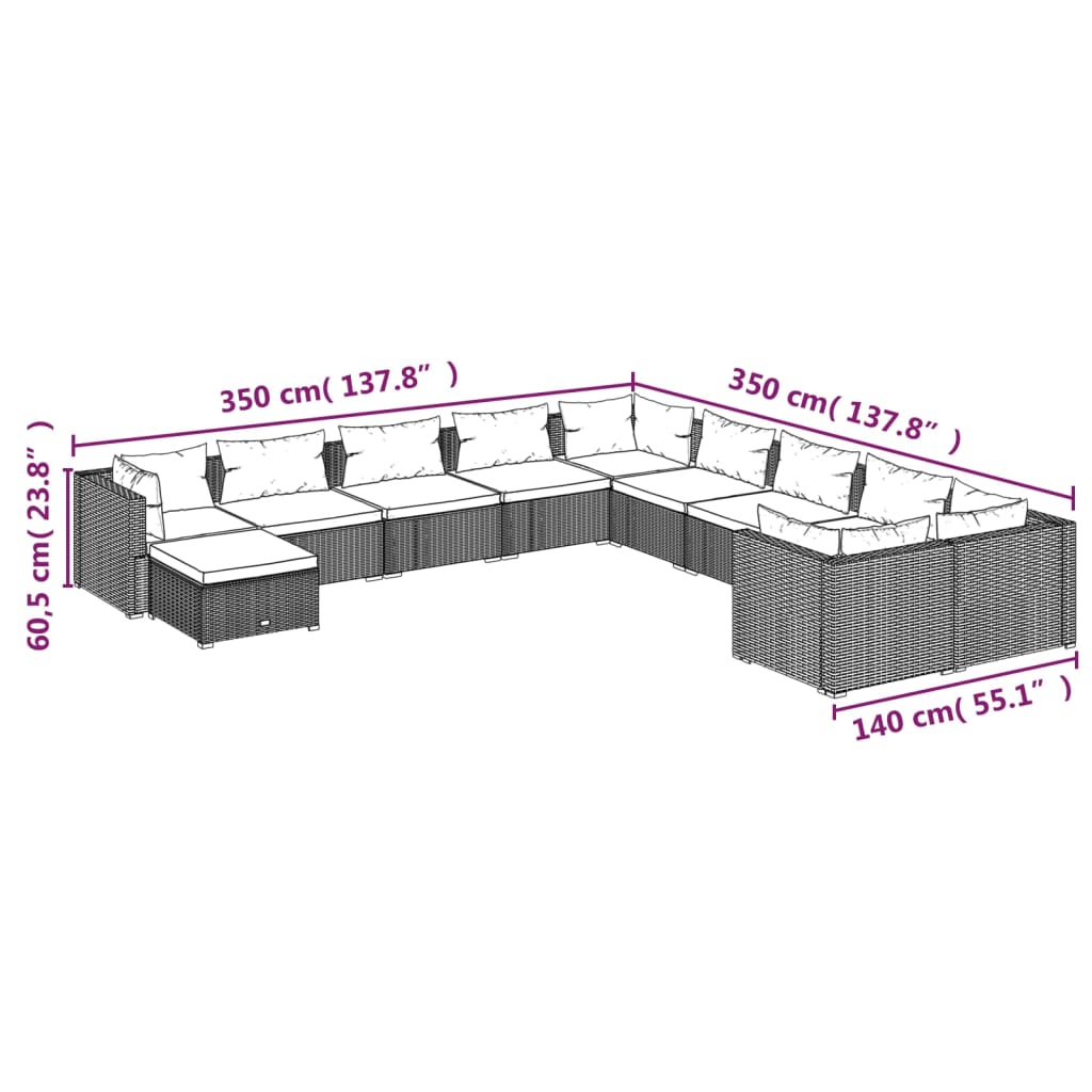 vidaXL 11 részes szürke polyrattan kerti ülőgarnitúra párnákkal