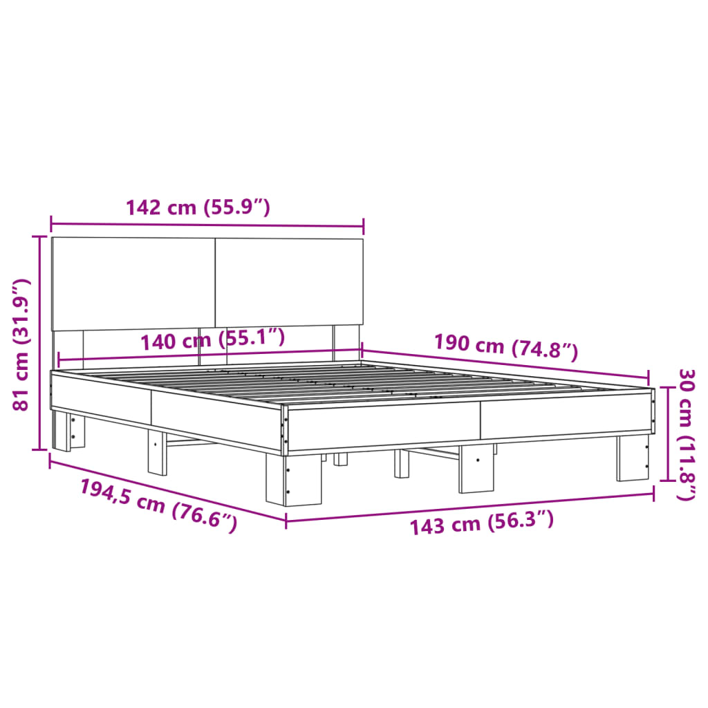 vidaXL sonoma tölgyszínű szerelt fa és fém ágykeret 140x190 cm