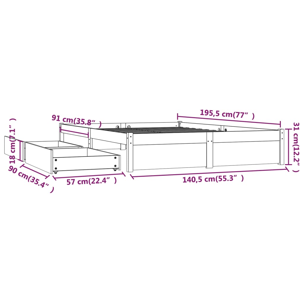 vidaXL fekete ágykeret fiókokkal 135 x 190 cm (Double)