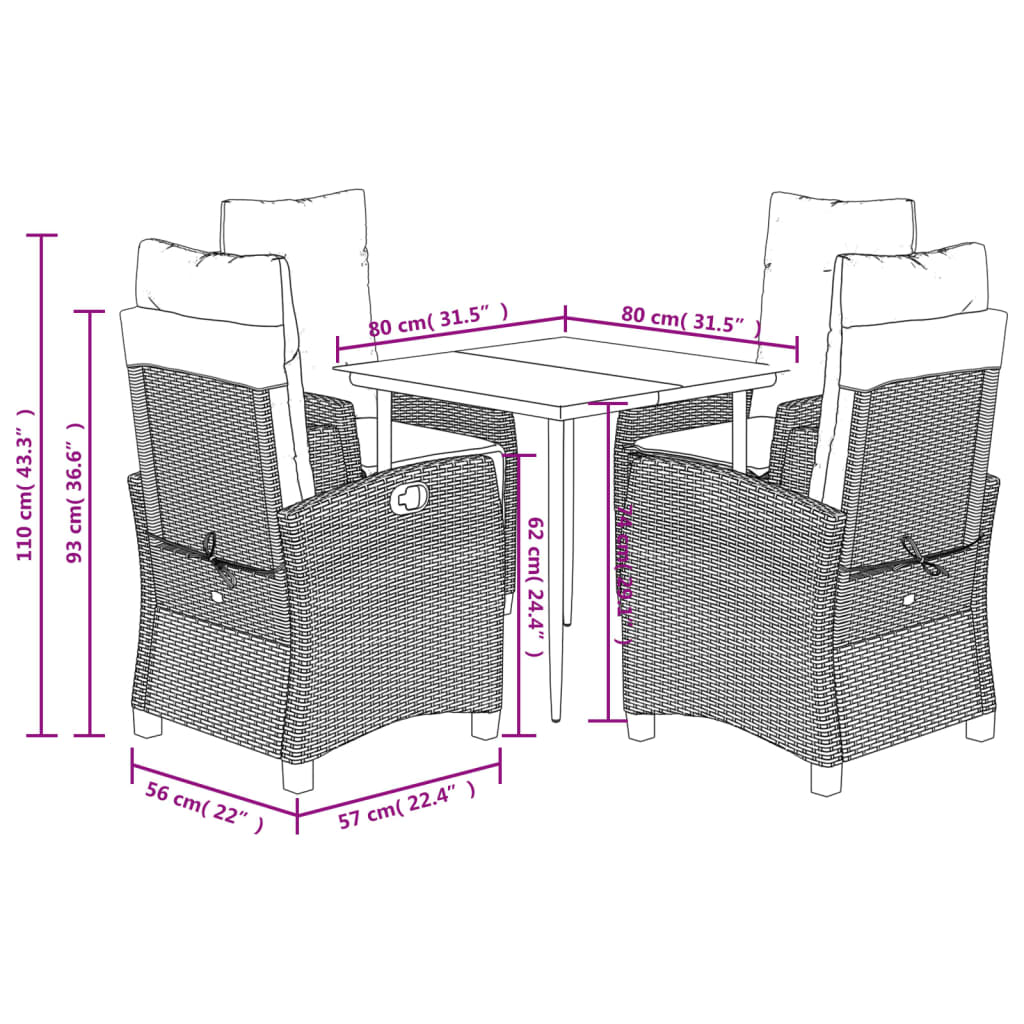 vidaXL 5részes világosszürke polyrattan kerti étkezőgarnitúra párnával