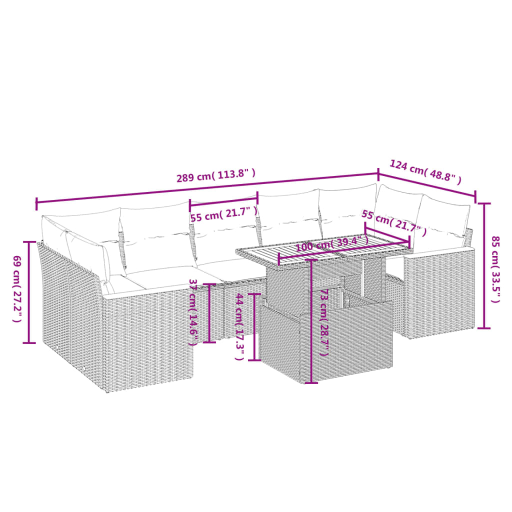 vidaXL 8 részes fekete polyrattan kerti ülőgarnitúra párnákkal