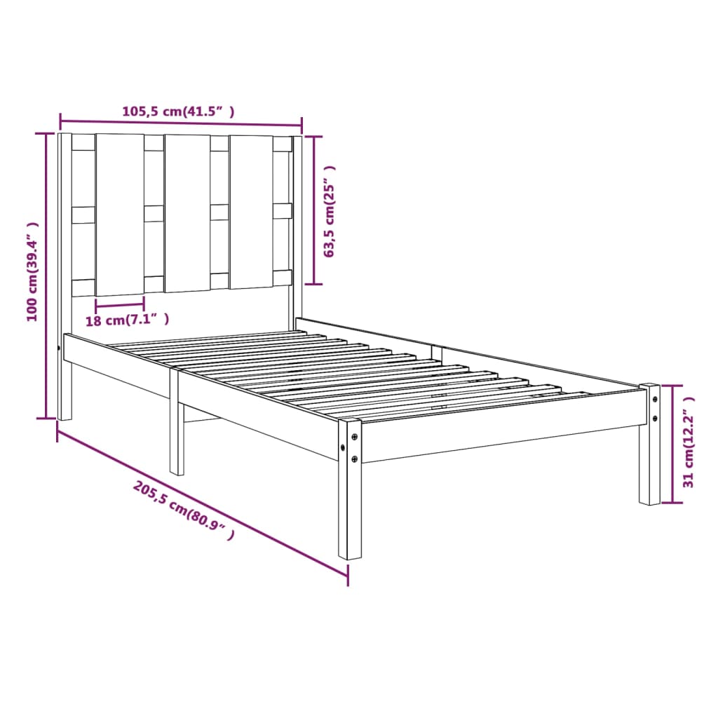 vidaXL fekete tömör fenyőfa ágykeret 100 x 200 cm