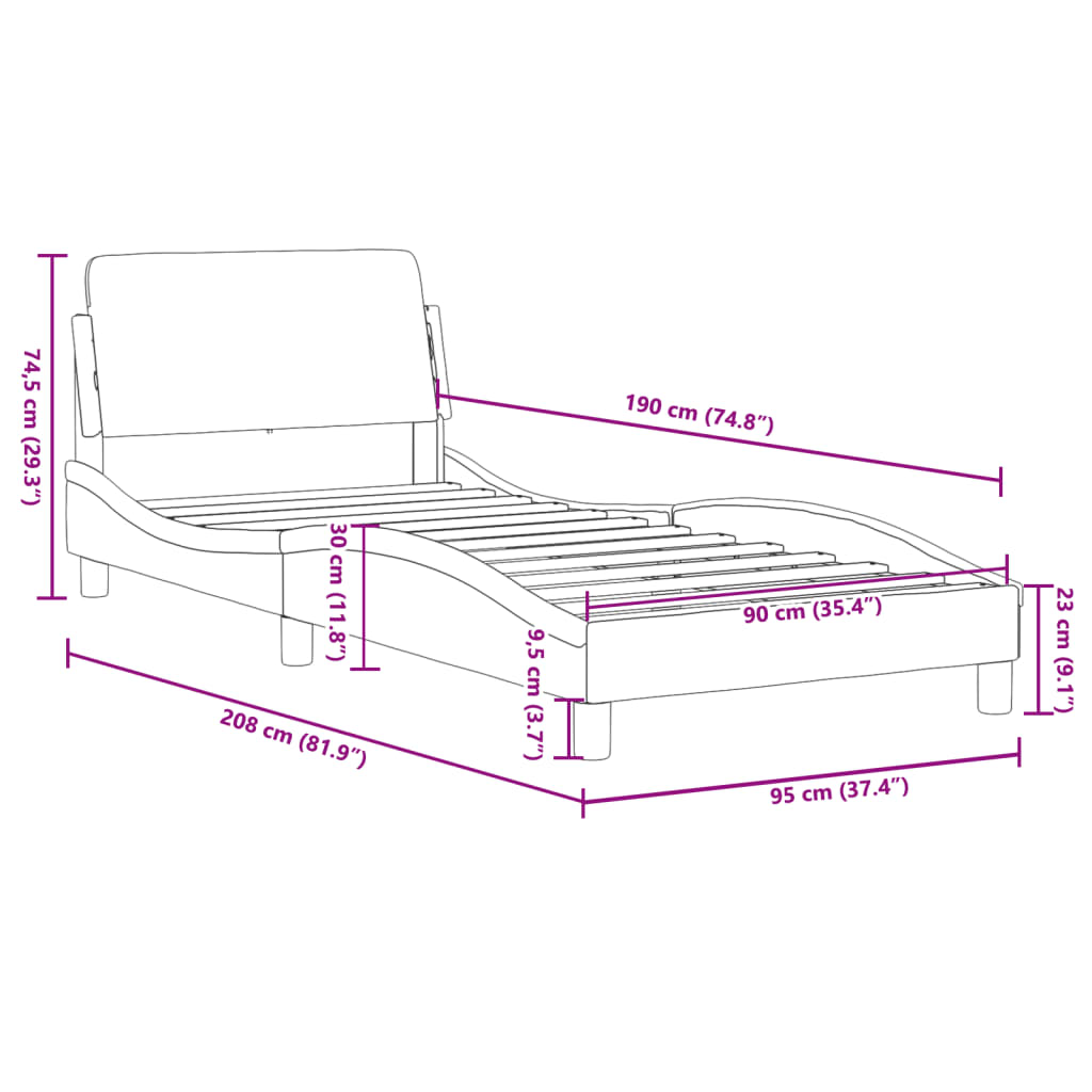 vidaXL fekete bársony ágykeret fejtámlával 90x190 cm