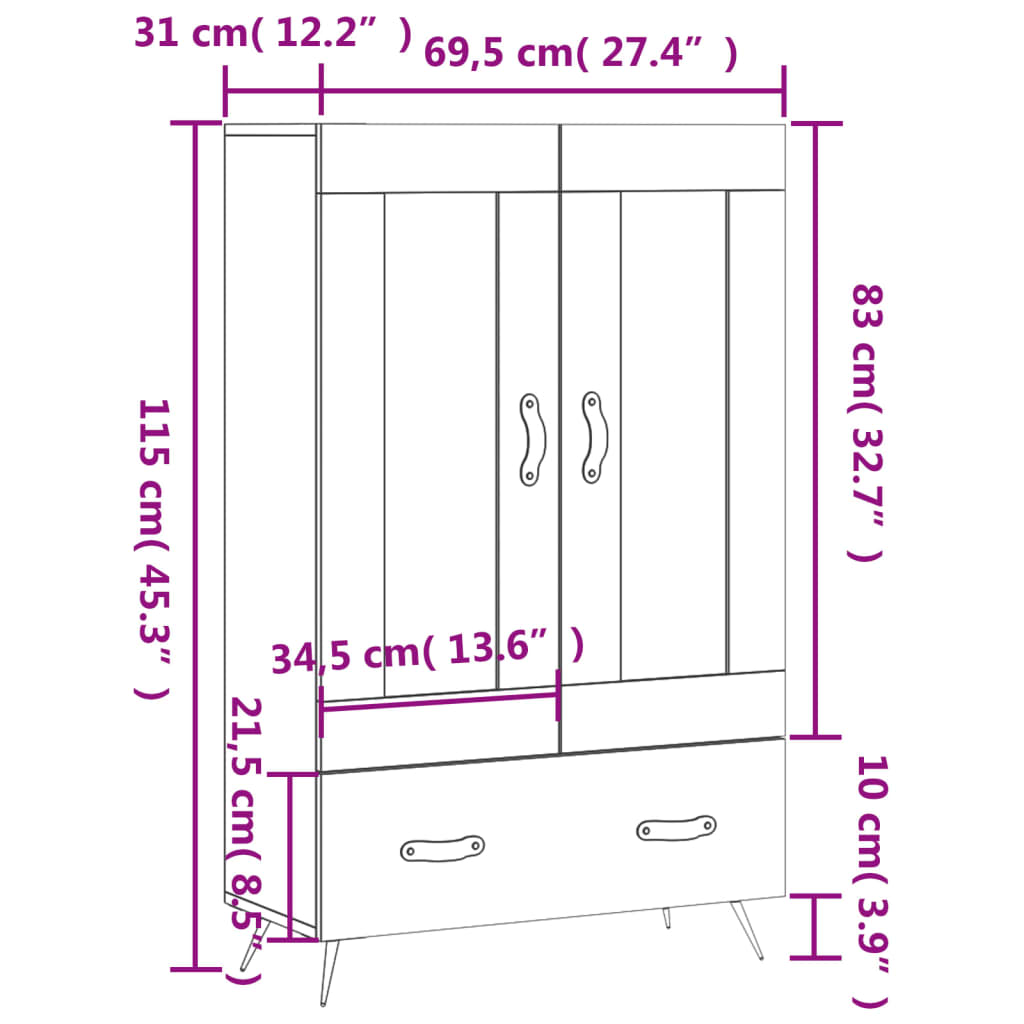 vidaXL fekete szerelt fa magasszekrény 69,5 x 31 x 115 cm