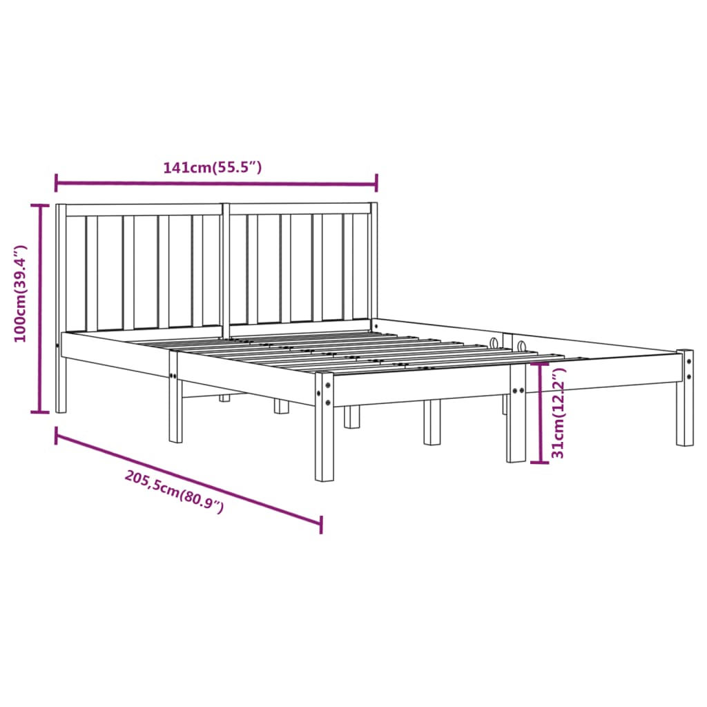 vidaXL Double fekete tömör fenyőfa ágykeret 135 x 190 cm