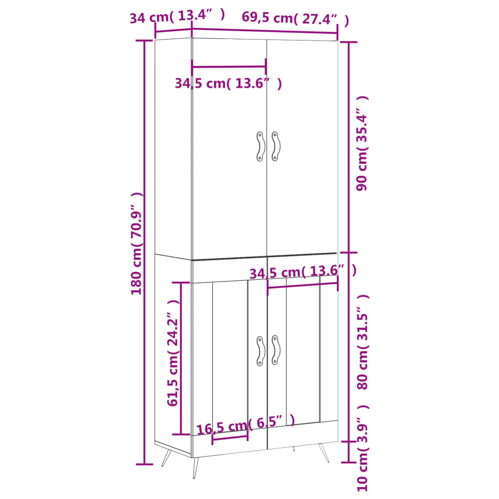 vidaXL fekete szerelt fa magasszekrény 69,5 x 34 x 180 cm