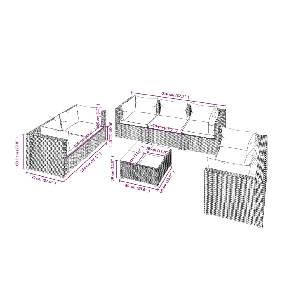 vidaXL 8 részes barna polyrattan kerti ülőgarnitúra párnákkal