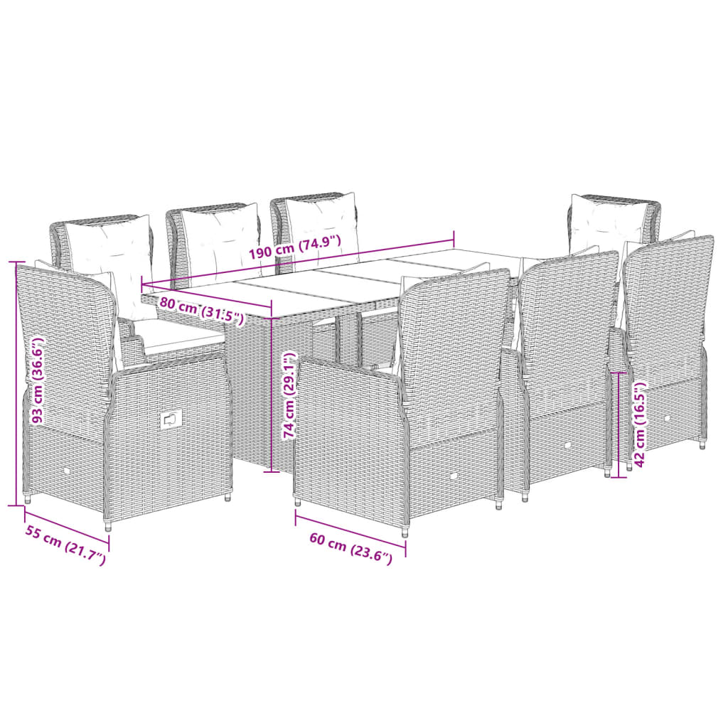 vidaXL 9 részes fekete polyrattan kerti étkezőgarnitúra párnákkal