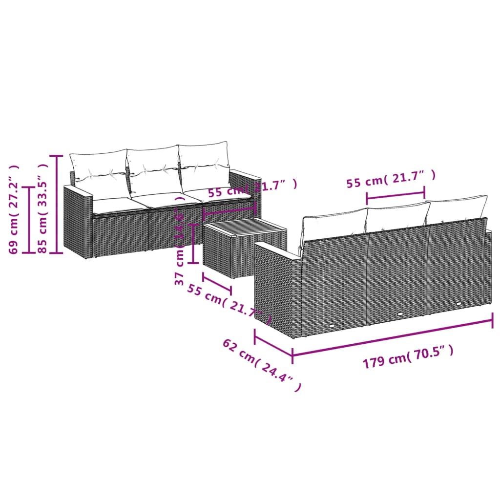 vidaXL 7 részes bézs polyrattan kerti ülőgarnitúra párnákkal