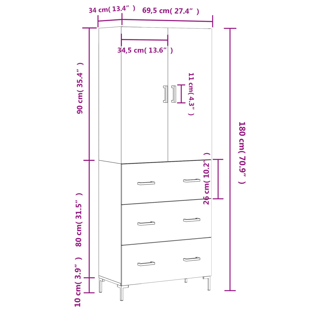 vidaXL barna tölgy színű szerelt fa magasszekrény 69,5 x 34 x 180 cm