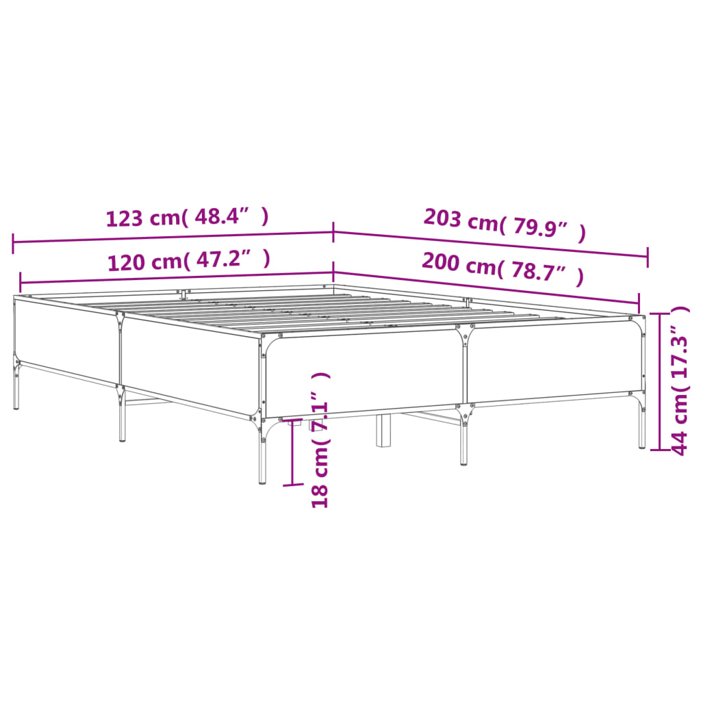 vidaXL füstös tölgy színű szerelt fa és fém ágykeret 120 x 200 cm