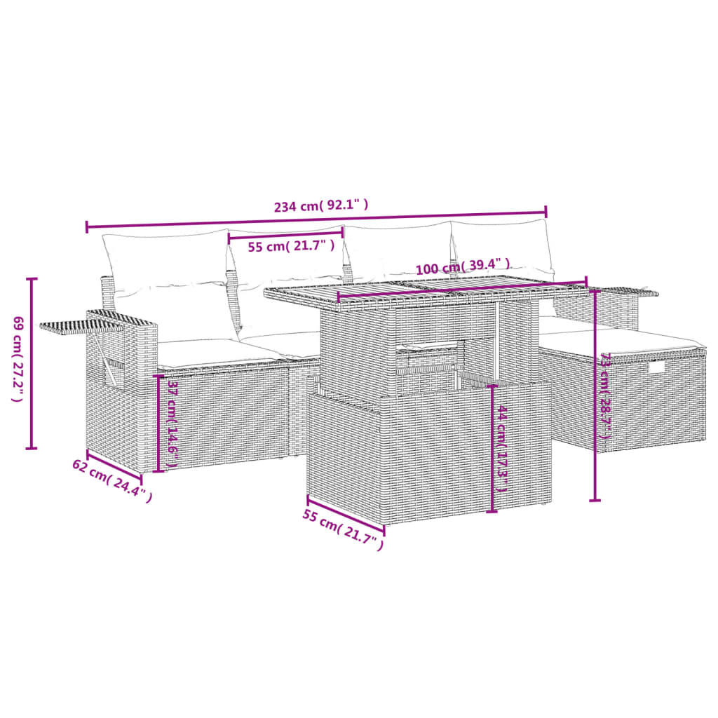 vidaXL 6 részes fekete polyrattan kerti ülőgarnitúra párnákkal