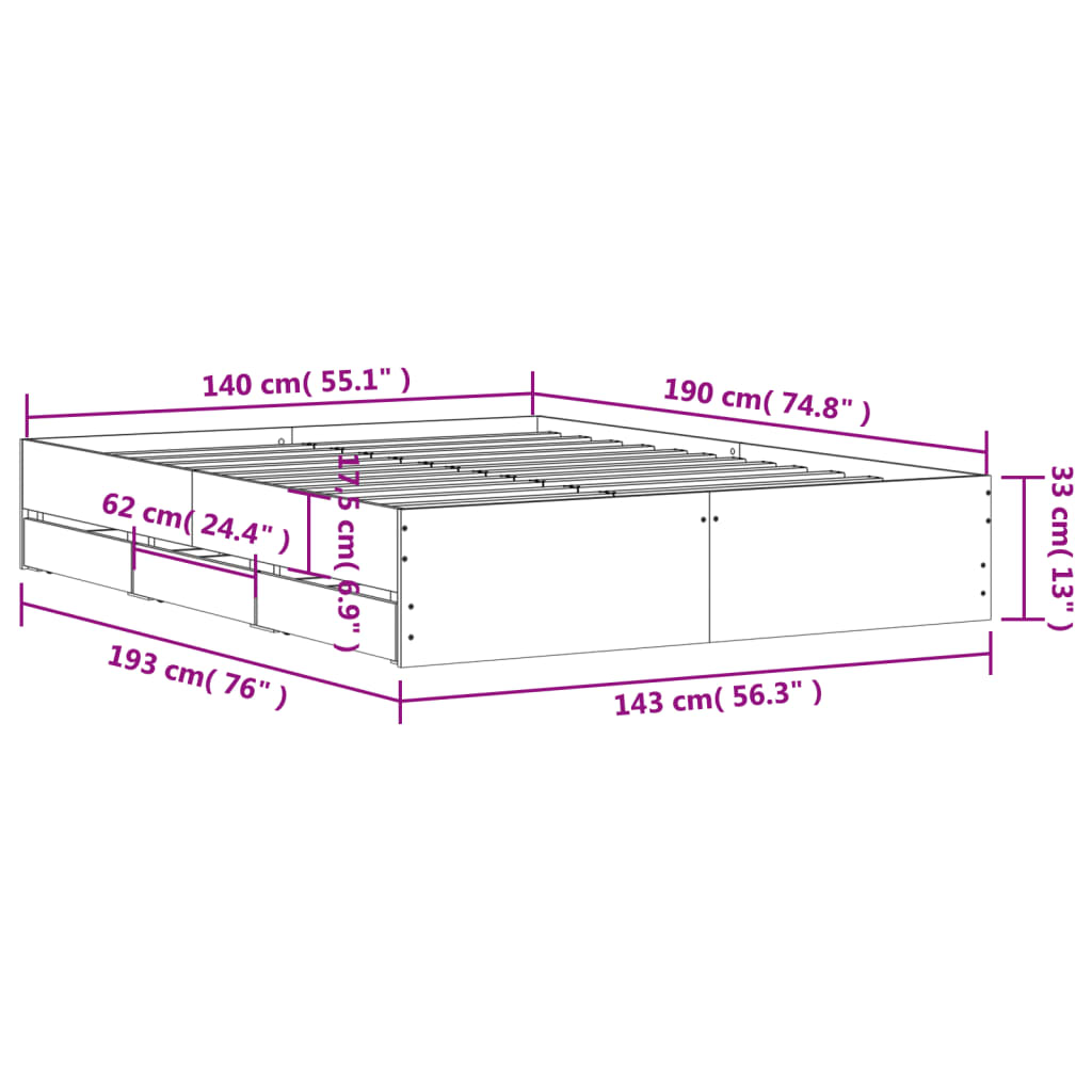 vidaXL szürke sonoma színű szerelt fa ágykeret fiókokkal 140 x 190 cm